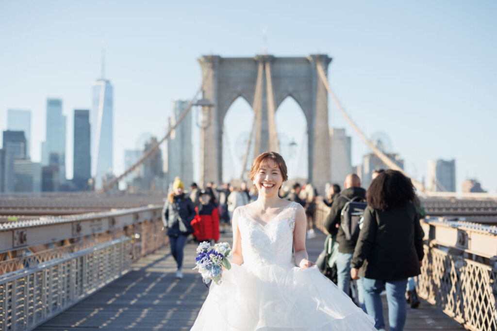 ニューヨーク前撮り/ウェディングフォト/笑顔のかわいい花嫁。