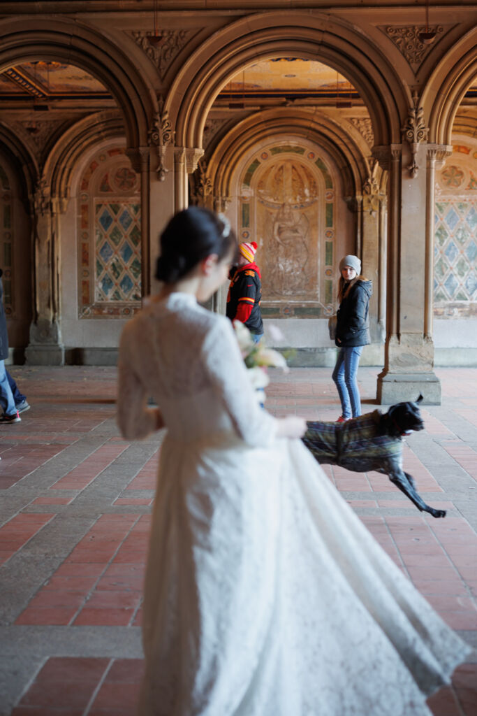 アメリカニューヨークの前撮り/フォトウェディング/花嫁の後ろを走る犬。
