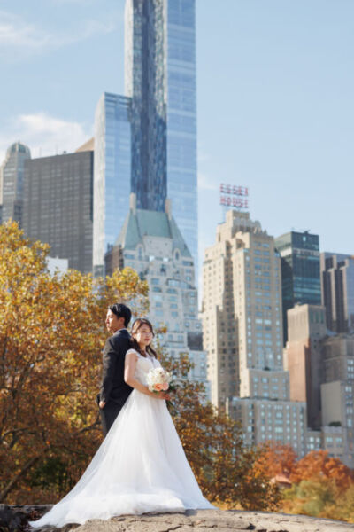 ニューヨークの前撮り/ウェディングフォト|セントラルパークの紅葉とマンハッタンの絶景