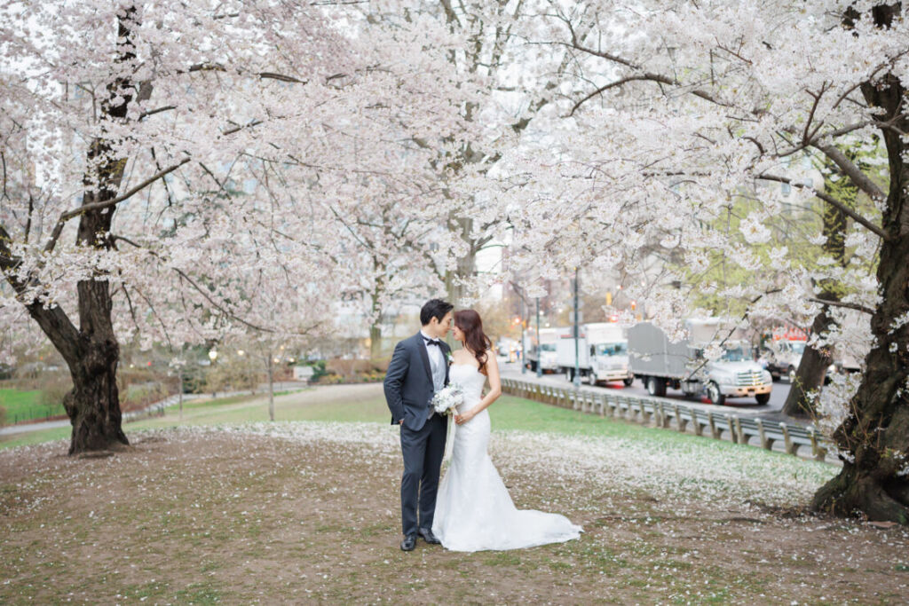 ニューヨークの前撮り|ウェディングフォト/桜の咲くピルグリムヒルに立つ花嫁と花婿。