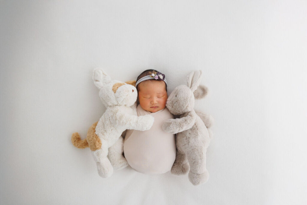 ニューヨークでニューボーンフォト/ベビーをハグするファーストトイ。