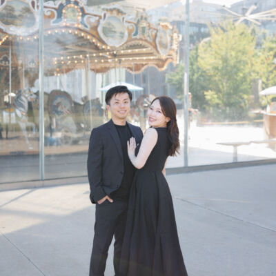 ニューヨークの前撮りフォトウェディング/黒いドレスでシックなウェディングスタイル。