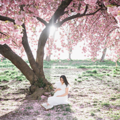 ニューヨークのマタニティフォト|満開の八重桜の木の下に座る妊婦。