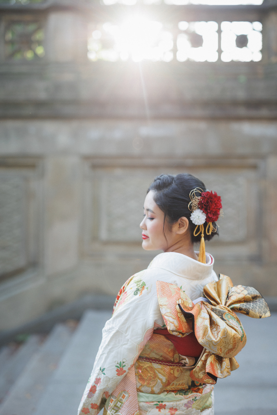 ニューヨークで成人式フォト/ベセスダテラスと振り袖姿。