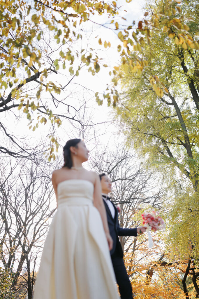 ニューヨークの前撮り|ウェディングフォト/セントラルパークの秋空と花嫁、花婿。