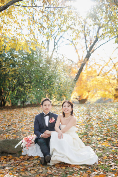 ニューヨークの前撮り|ウェディングフォト/セントラルパークの秋の景色の中で。